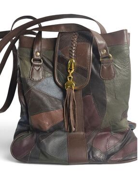 Patchwork Genuine Leather Tote Bag Earthy Brown Green Boho Tassel Shoulder Purse